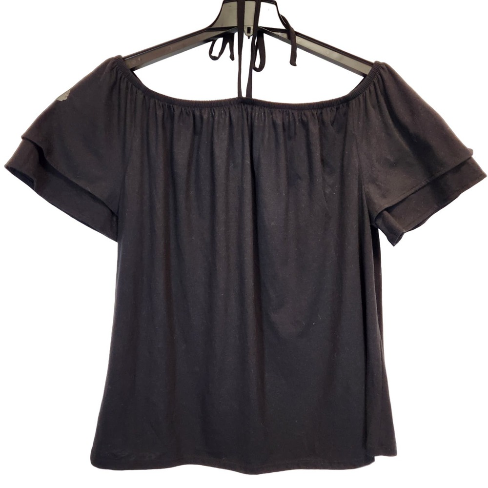 Lane Bryant Woman Off Shoulder Top Size 22/24 Black‎ Ruffle Sleeve Neck Strap